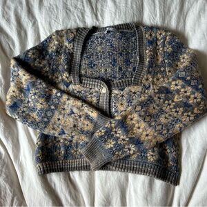 Zara Blue jacquard knit cropped sweater medium